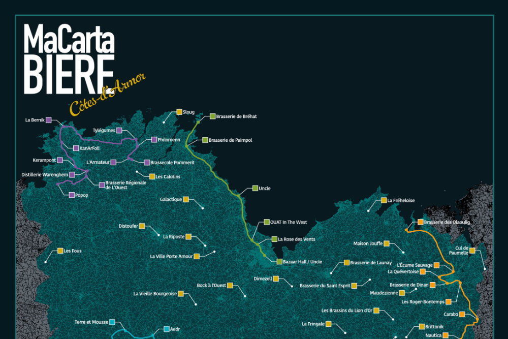 Carte des Bière Côtes-d'Armor (49 brasseries à cocher)